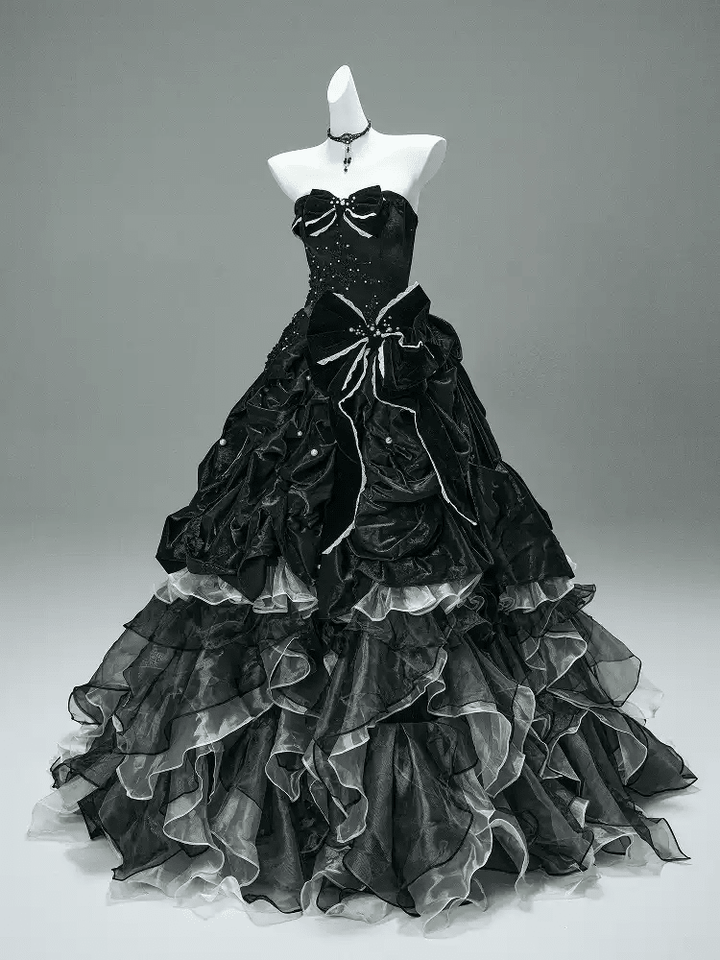 Black Gothic Ball Gown with Velvet Bows – Strapless Layered Tulle Ruffle Dress Plus Size - WonderlandByLilian