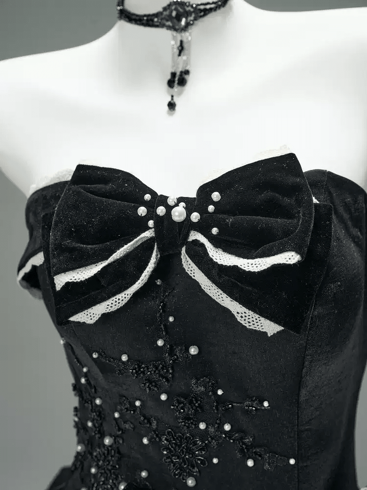 Black Gothic Ball Gown with Velvet Bows – Strapless Layered Tulle Ruffle Dress Plus Size - WonderlandByLilian