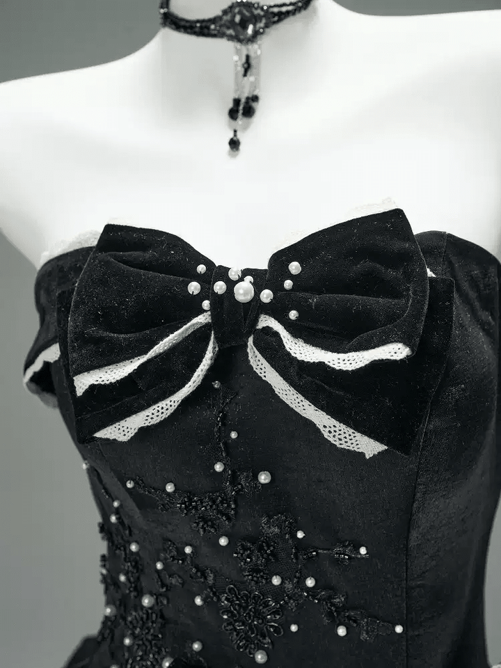 Black Gothic Ball Gown with Velvet Bows – Strapless Layered Tulle Ruffle Dress Plus Size - WonderlandByLilian