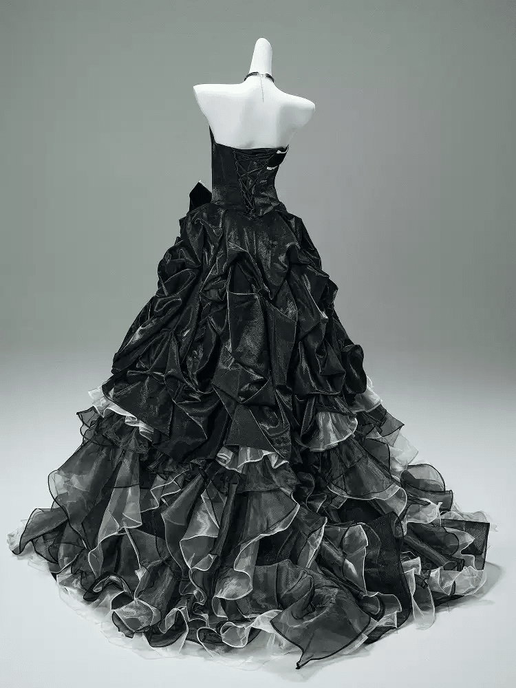 Black Gothic Ball Gown with Velvet Bows – Strapless Layered Tulle Ruffle Dress Plus Size - WonderlandByLilian