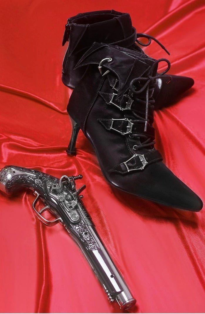 Black Gothic Heeled Boots with Buckle and Lace - Up - Gothic High Heels - WonderlandByLilian