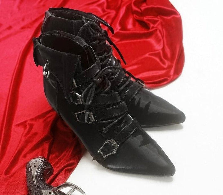 Black Gothic Heeled Boots with Buckle and Lace - Up - Gothic High Heels - WonderlandByLilian