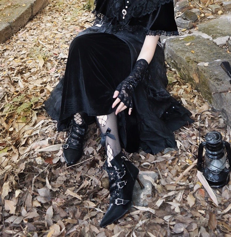 Black Gothic Heeled Boots with Buckle and Lace - Up - Gothic High Heels - WonderlandByLilian