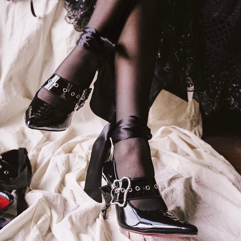 Black Gothic Heels with Buckle and Satin Ribbon - Gothic High Heels - WonderlandByLilian