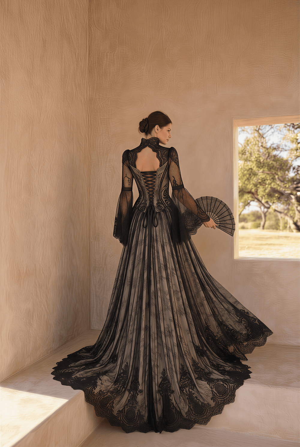 Black Gothic Lace Embroidery Wedding Dress – High Neck Long Sleeve Corset Bridal Gown Plus Size - WonderlandByLilian