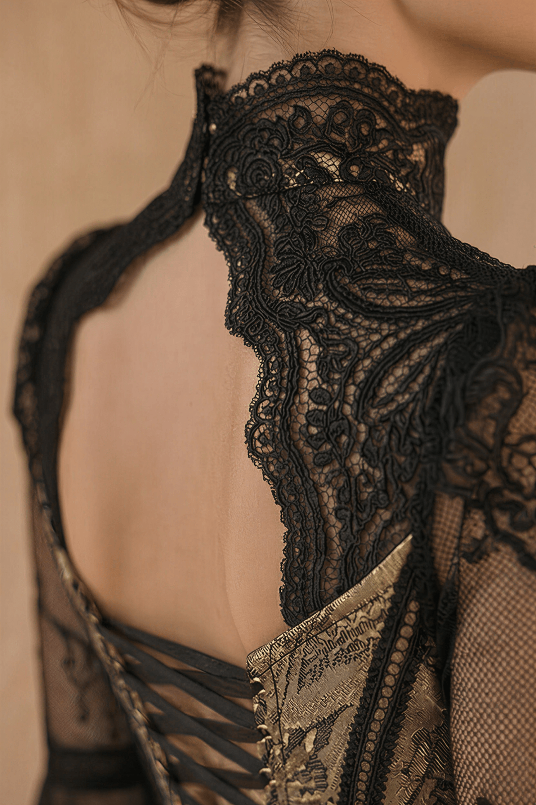 Black Gothic Lace Embroidery Wedding Dress – High Neck Long Sleeve Corset Bridal Gown Plus Size - WonderlandByLilian