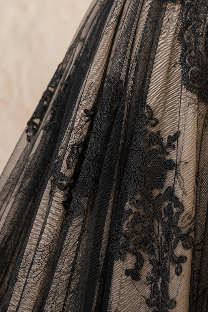 Black Gothic Lace Embroidery Wedding Dress – High Neck Long Sleeve Corset Bridal Gown Plus Size - WonderlandByLilian