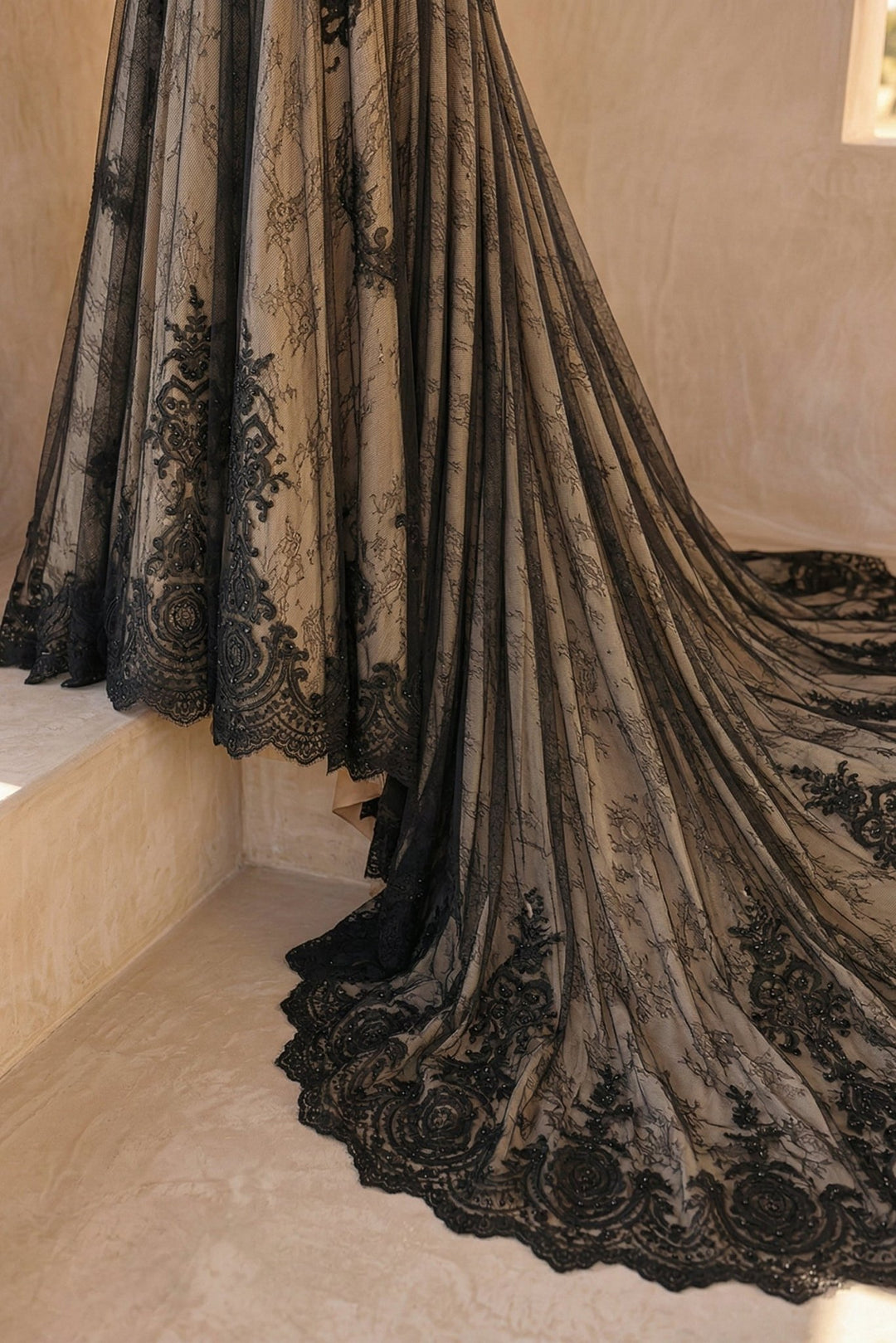 Black Gothic Lace Embroidery Wedding Dress – High Neck Long Sleeve Corset Bridal Gown Plus Size - WonderlandByLilian