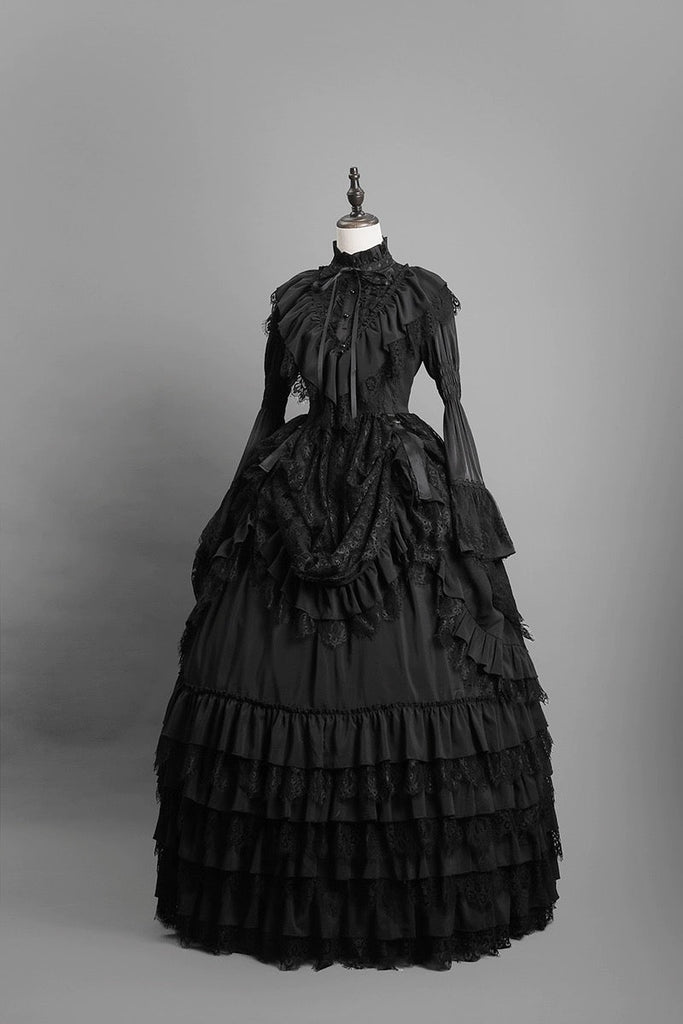 Black Gothic Lolita Ball Gown Victorian-Inspired Layered Tulle - Main Image