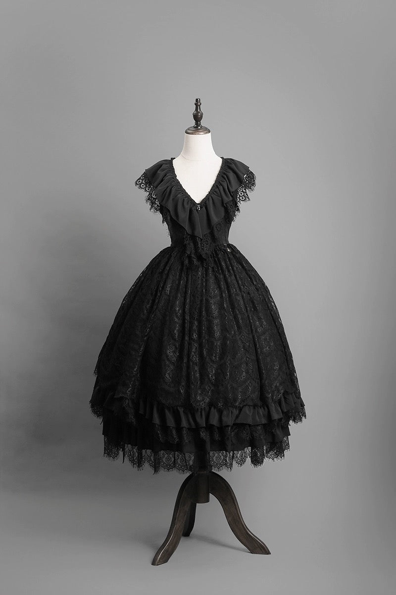 Black Gothic Lolita Ball Gown - Victorian - Inspired Layered Tulle Ruffle Dress Plus Size - WonderlandByLilian