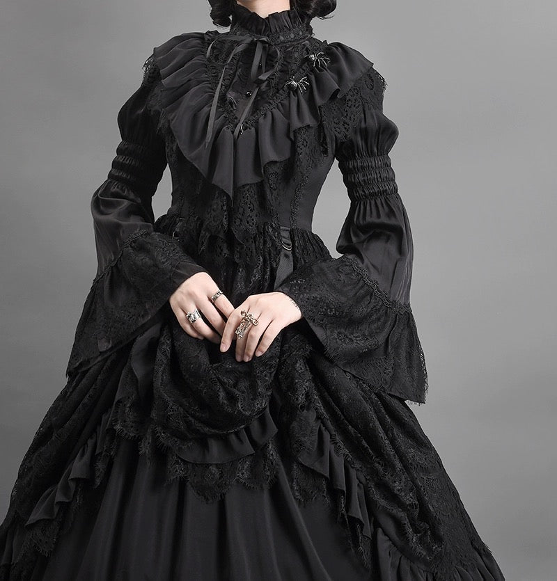 Black Gothic Lolita Ball Gown - Victorian-Inspired Layered Tulle Ruffle Dress Plus Size Size 14 / Black Black Gothic Lolita Ball Gown - Victorian-Inspired Layered Tulle Ruffle Dress Plus Size Size 14 / Black