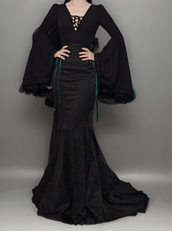 Black Gothic Lolita Dress and Prom Dress with Train and Bow - Gothic Mermaid Prom Dress with Lolita Blouse Plus Size - WonderlandByLilian