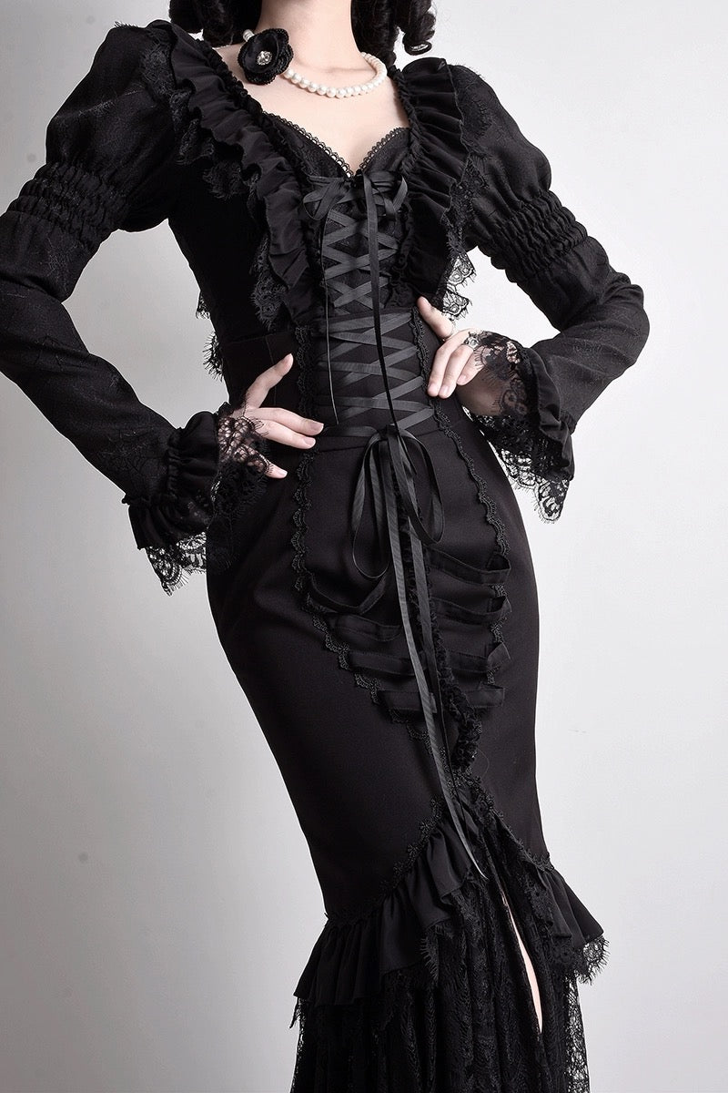 Black Gothic Lolita Dress with Lace - Gothic Mermaid Prom Dress with Corset Plus Size Size 24W / Black Black Gothic Lolita Dress with Lace - Gothic Mermaid Prom Dress with Corset Plus Size Size 24W / Black
