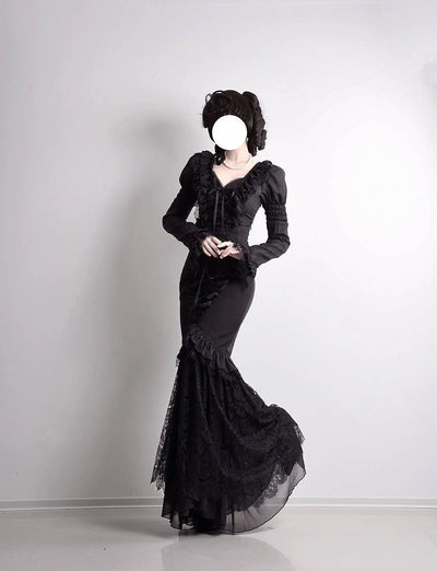 Black Gothic Lolita Dress with Lace - Gothic Mermaid Prom Dress with Corset Plus Size - WonderlandByLilian