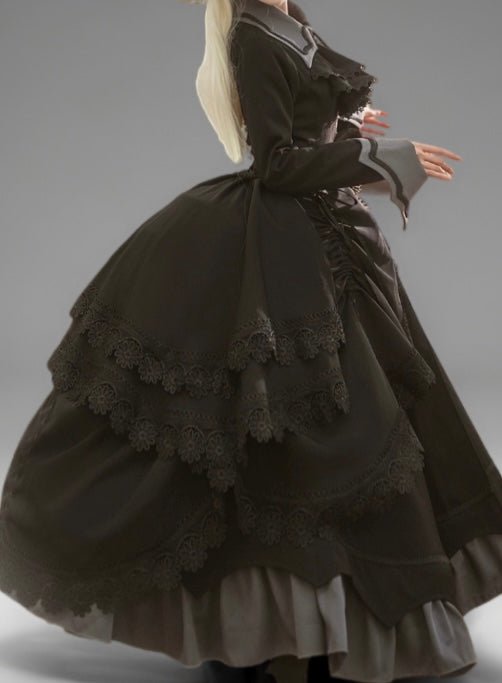 Black Gothic Lolita Prom Dress with Corset - Victorian - Inspired Ball Gown with Layered Lace and Ruffles Plus Size - WonderlandByLilian