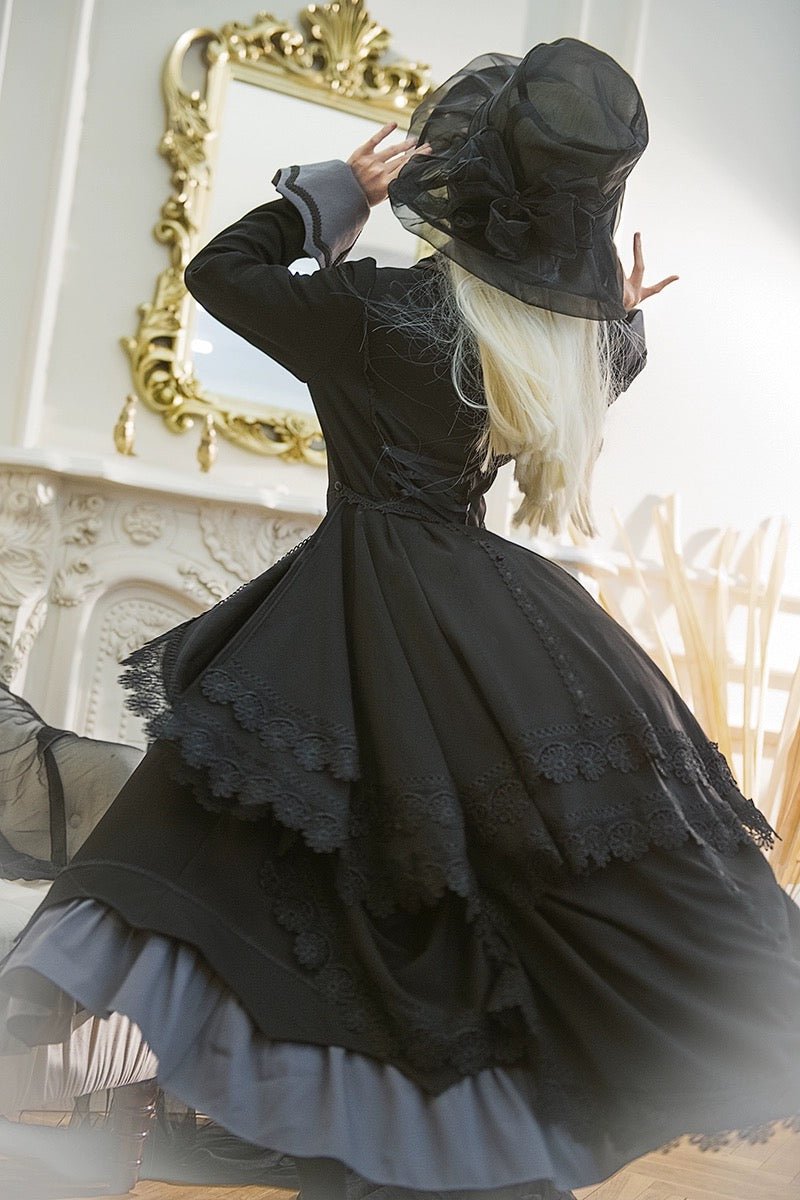 Black Gothic Lolita Prom Dress with Corset - Victorian - Inspired Ball Gown with Layered Lace and Ruffles Plus Size - WonderlandByLilian