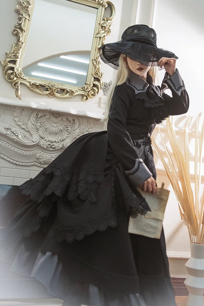 Black Gothic Lolita Prom Dress with Corset - Victorian - Inspired Ball Gown with Layered Lace and Ruffles Plus Size - WonderlandByLilian
