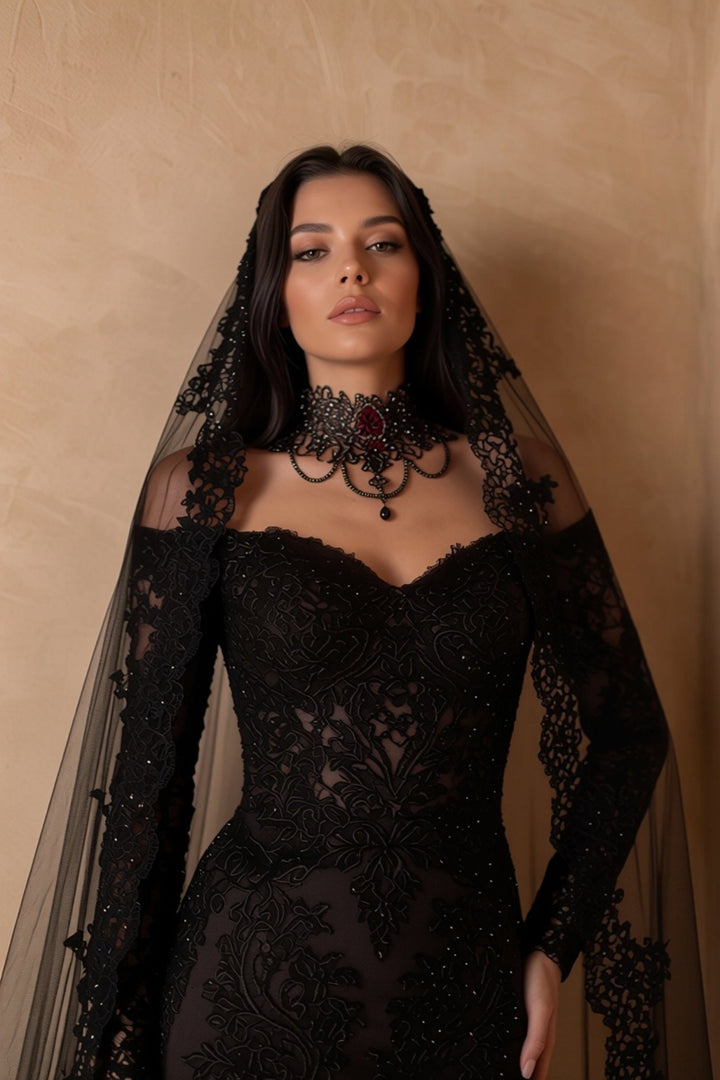 Black Gothic Luxury Embroidery Long Sleeve Wedding Dress – Corset Mermaid Bridal Gown Plus Size - WonderlandByLilian