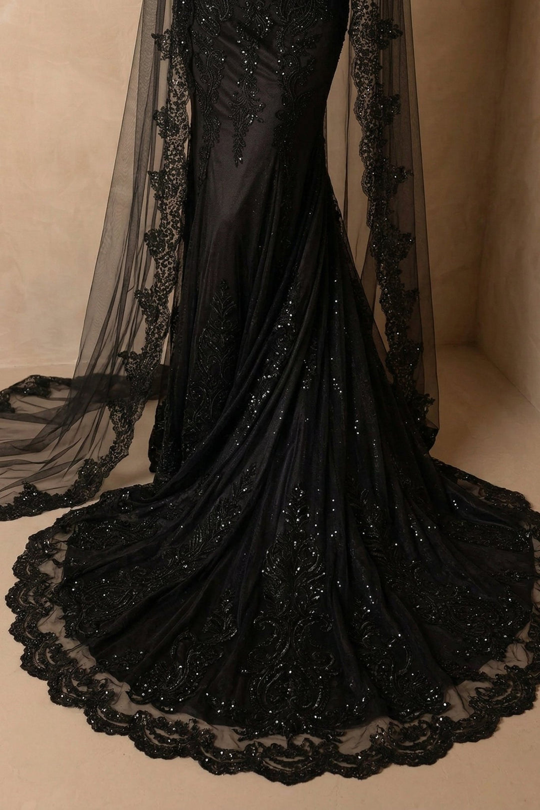 Black Gothic Luxury Embroidery Long Sleeve Wedding Dress – Corset Mermaid Bridal Gown Plus Size - WonderlandByLilian