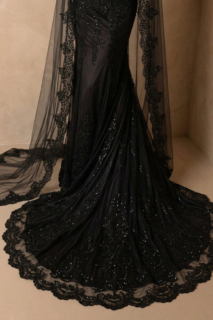 Black Gothic Luxury Embroidery Long Sleeve Wedding Dress – Corset Mermaid Bridal Gown Plus Size - WonderlandByLilian