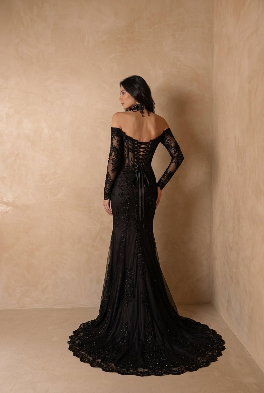 Black Gothic Luxury Embroidery Long Sleeve Wedding Dress – Corset Mermaid Bridal Gown Plus Size - WonderlandByLilian