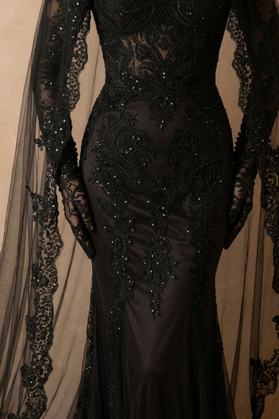 Black Gothic Luxury Embroidery Long Sleeve Wedding Dress – Corset Mermaid Bridal Gown Plus Size - WonderlandByLilian
