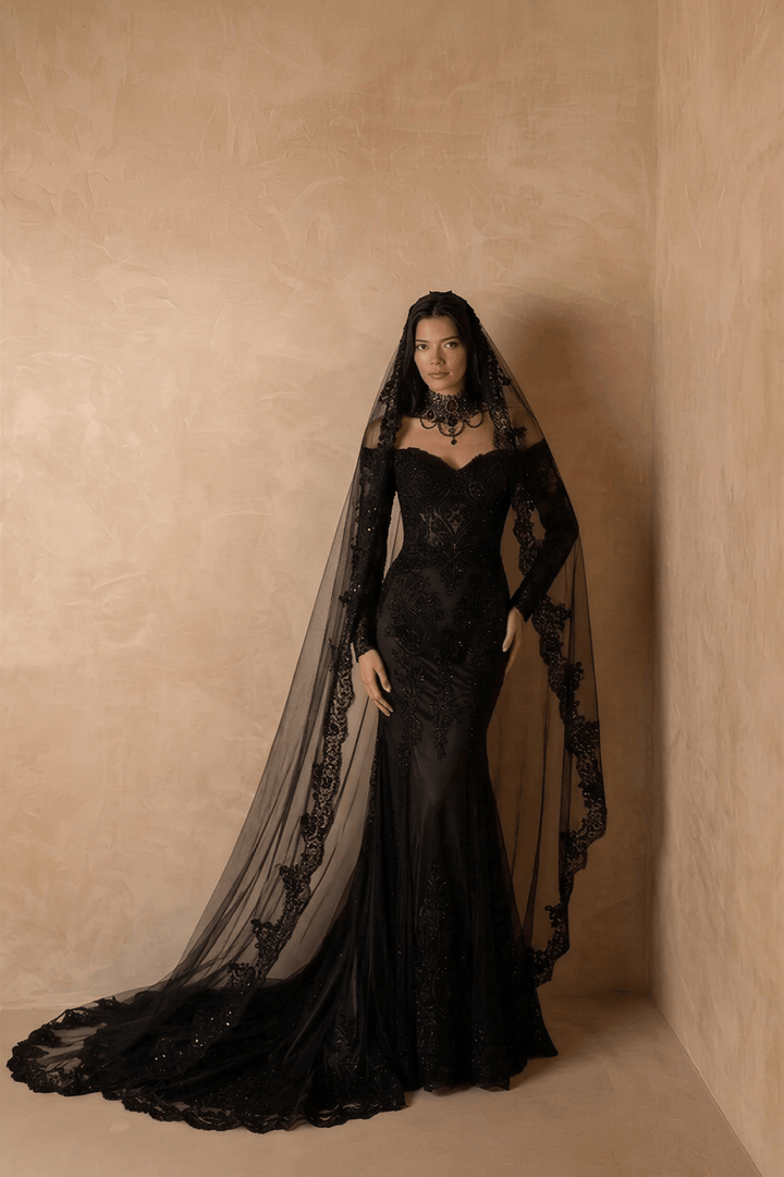 Black Gothic Luxury Embroidery Long Sleeve Wedding Dress – Corset Mermaid Bridal Gown Plus Size - WonderlandByLilian
