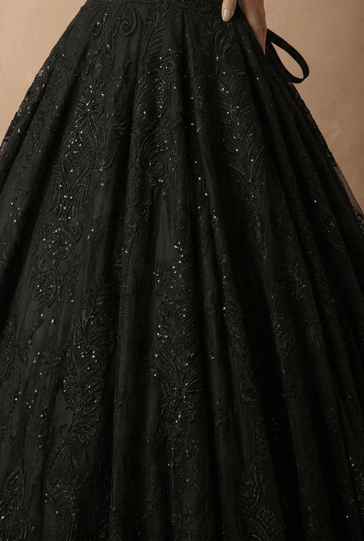 Black Gothic Luxury Lace Embroidery Wedding Dress – Off Shoulder Long Sleeve Corset Bridal Gown Plus Size - WonderlandByLilian