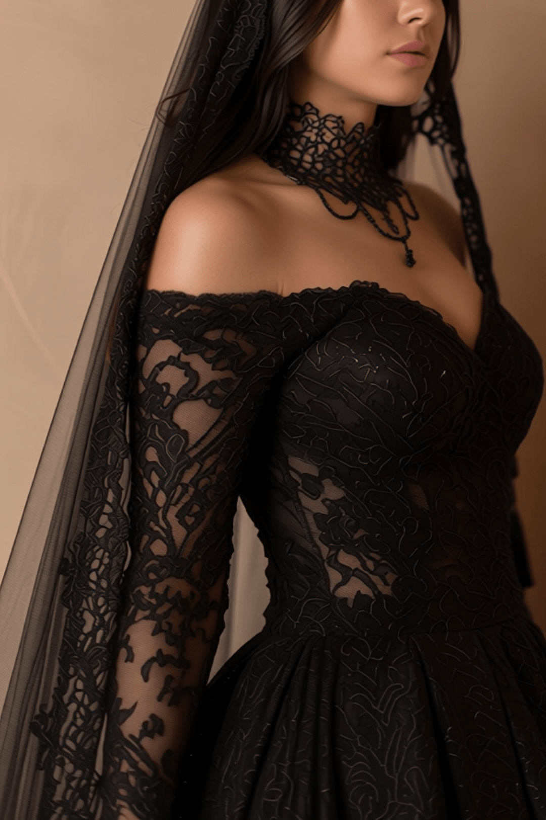 Black Gothic Luxury Lace Embroidery Wedding Dress – Off Shoulder Long Sleeve Corset Bridal Gown Plus Size - WonderlandByLilian