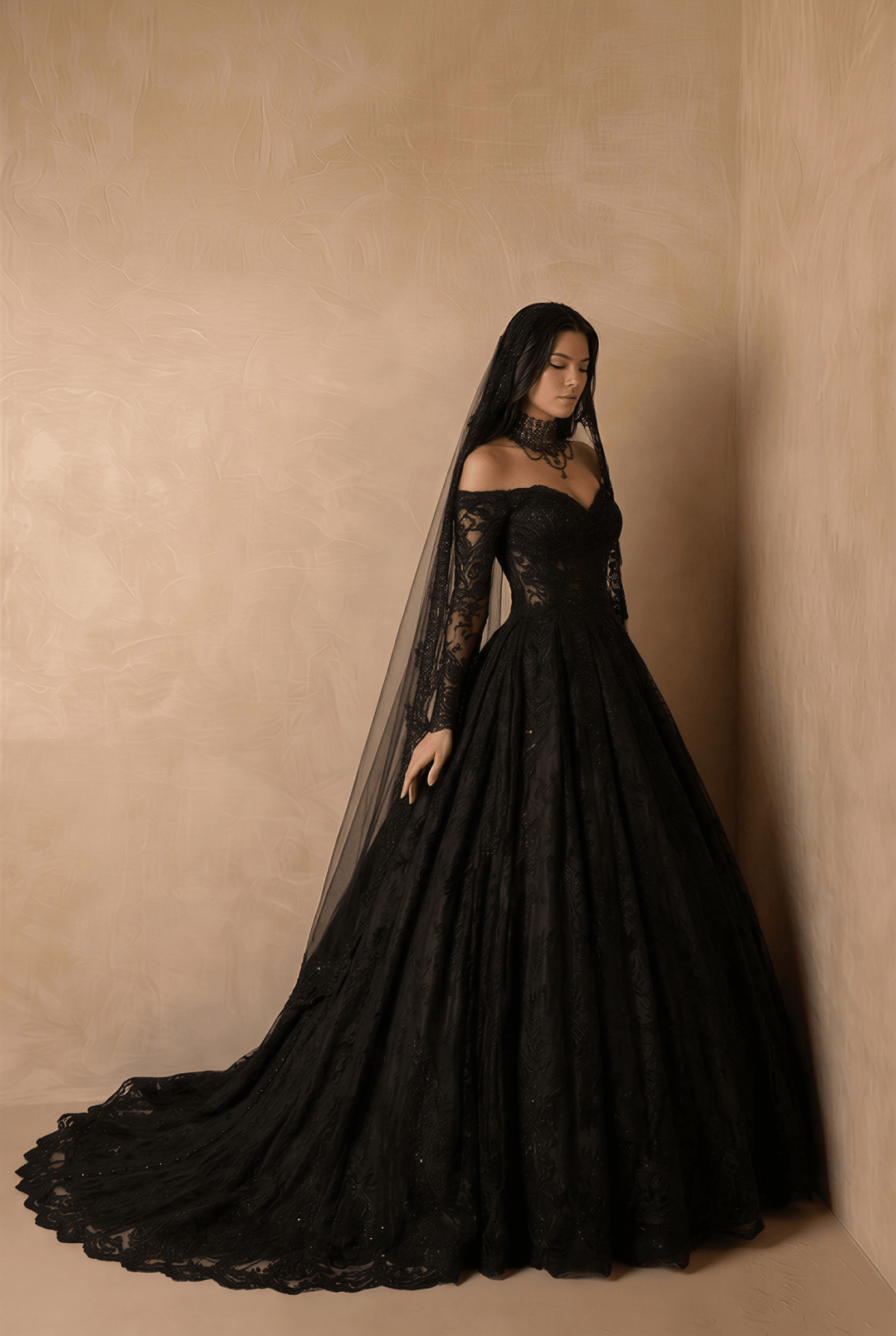 Black Gothic Luxury Lace Embroidery Wedding Dress – Off Shoulder Long Sleeve Corset Bridal Gown Plus Size - WonderlandByLilian