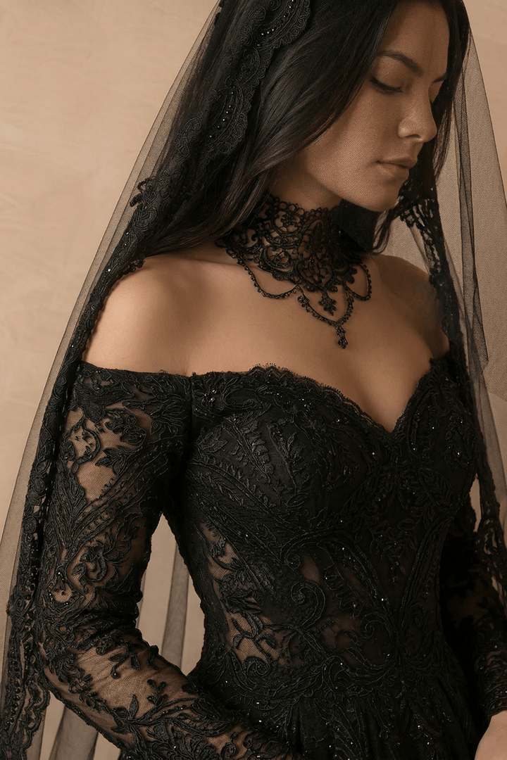Black Gothic Luxury Lace Embroidery Wedding Dress – Off Shoulder Long Sleeve Corset Bridal Gown Plus Size - WonderlandByLilian
