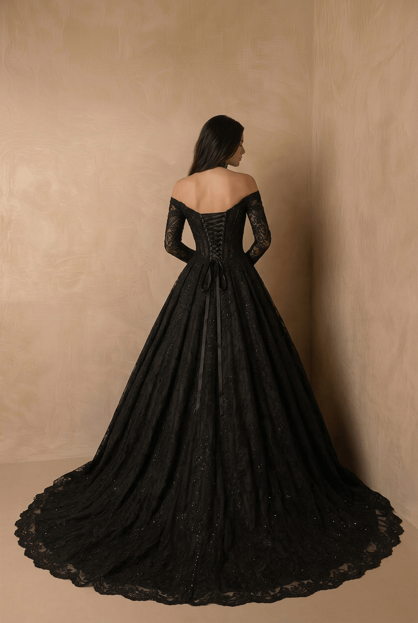 Black Gothic Luxury Lace Embroidery Wedding Dress – Off Shoulder Long Sleeve Corset Bridal Gown Plus Size - WonderlandByLilian