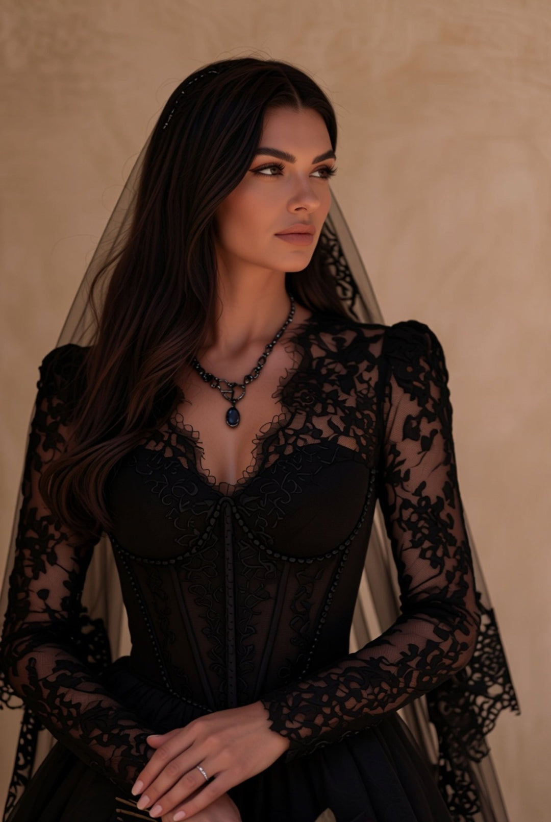 Black Gothic Luxury Satin Embroidery Long Sleeve Wedding Dress – Corset Bridal Dress Plus Size - WonderlandByLilian