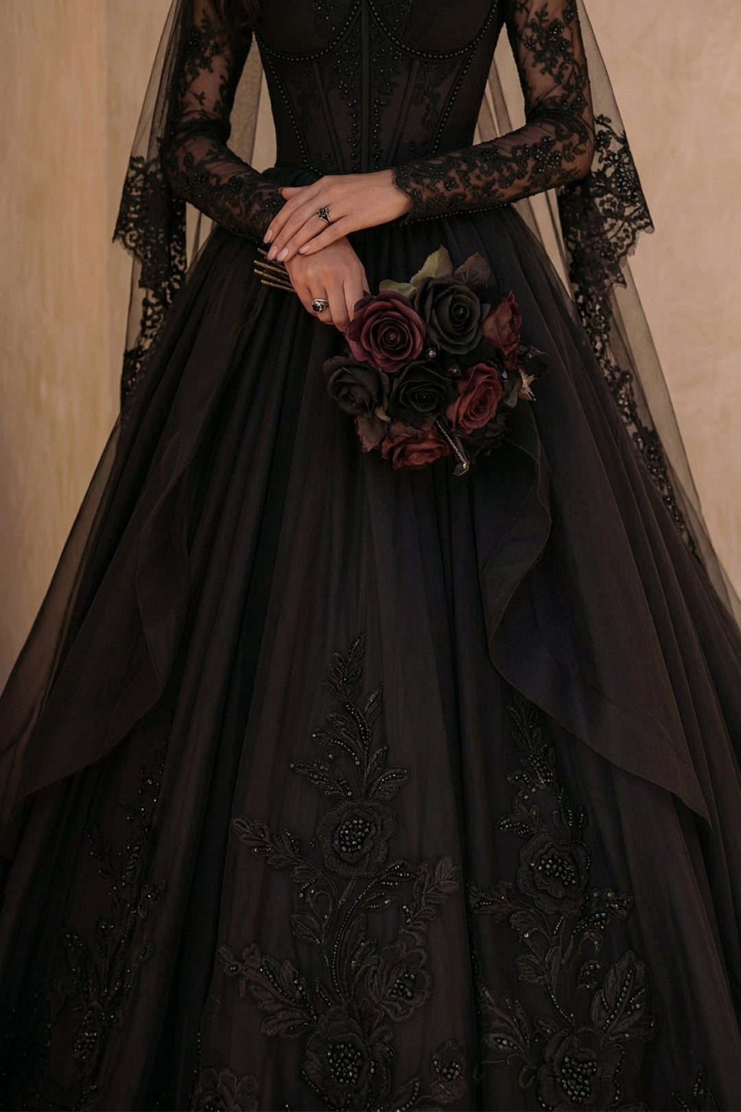 Black Gothic Luxury Satin Embroidery Long Sleeve Wedding Dress – Corset Bridal Dress Plus Size - WonderlandByLilian