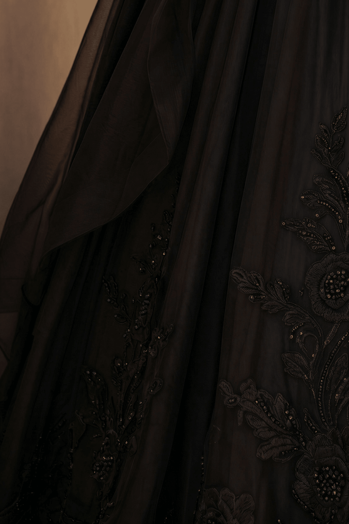 Black Gothic Luxury Satin Embroidery Long Sleeve Wedding Dress – Corset Bridal Dress Plus Size - WonderlandByLilian