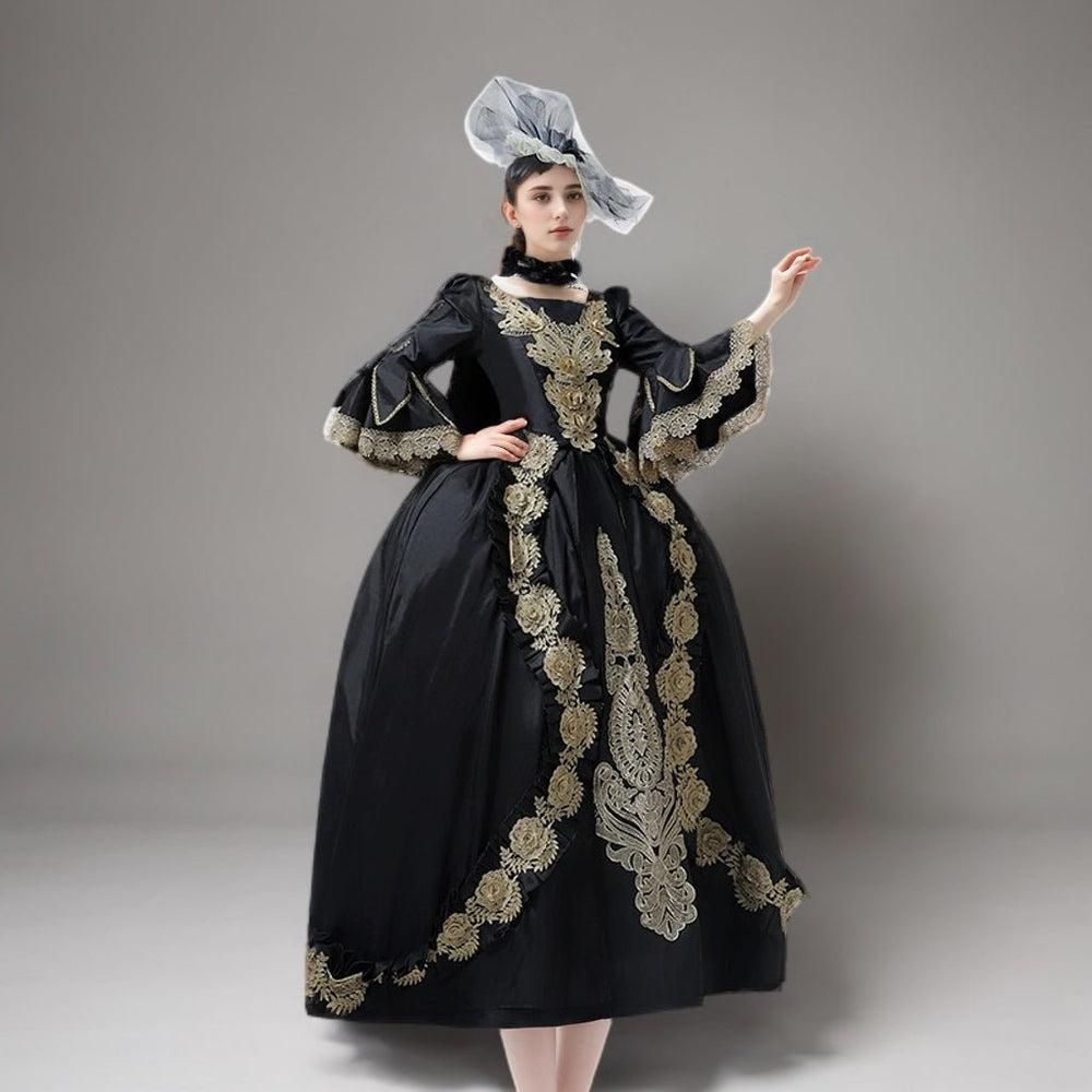 Black Gothic Medieval dress with Golden Embroidery – Rococo Ball Gown Bell Sleeve Design Plus Size - WonderlandByLilian