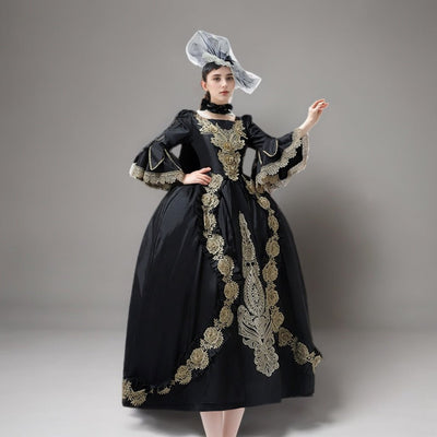 Black Gothic Medieval dress with Golden Embroidery – Rococo Ball Gown Bell Sleeve Design Plus Size - WonderlandByLilian