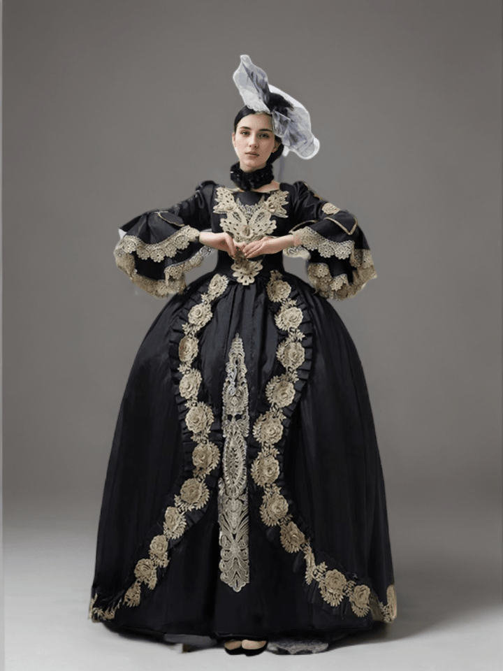 Black Gothic Medieval dress with Golden Embroidery – Rococo Ball Gown Bell Sleeve Design Plus Size - WonderlandByLilian