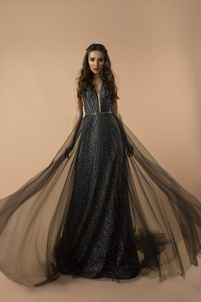 Black Gothic Tulle Evening Gown with Sparkling Silver Sequin Embroidery and Plunging Neckline Plus Size - WonderlandByLilian