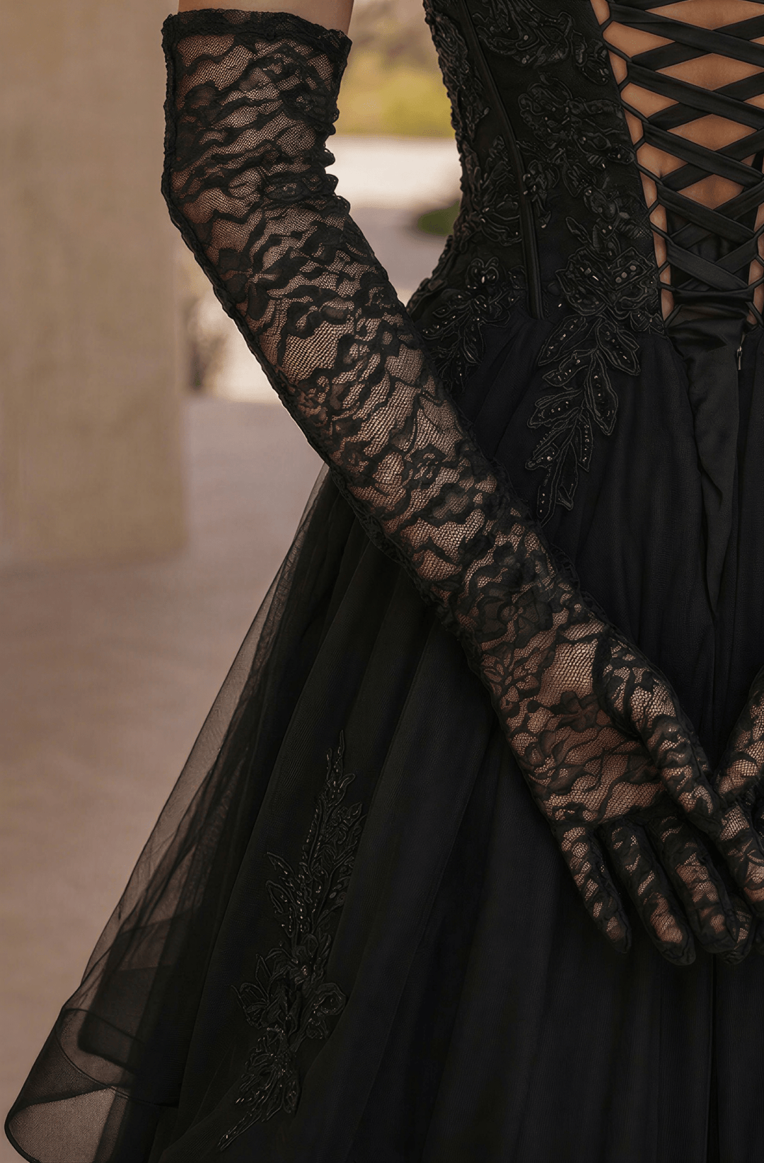 Black Gothic Tulle Wedding Dress – Corset Layered Bridal Gown Plus Size - WonderlandByLilian