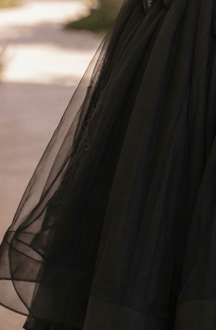 Black Gothic Tulle Wedding Dress – Corset Layered Bridal Gown Plus Size - WonderlandByLilian