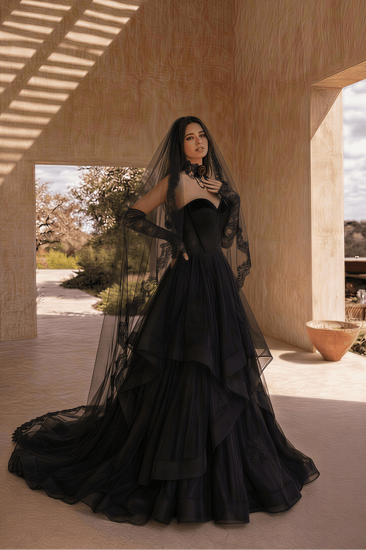 Black Gothic Tulle Wedding Dress – Corset Layered Bridal Gown Plus Size - WonderlandByLilian