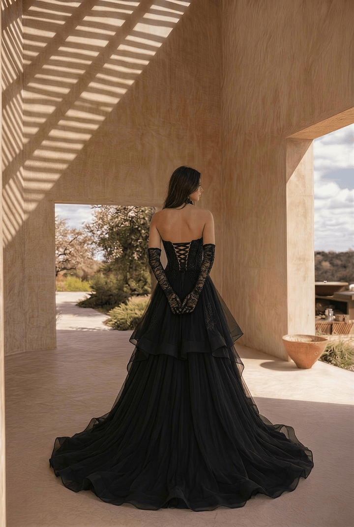 Black Gothic Tulle Wedding Dress – Corset Layered Bridal Gown Plus Size - WonderlandByLilian