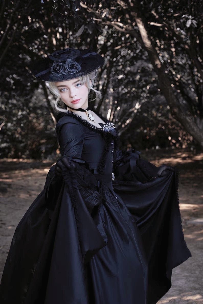 Black Gothic Victorian Ball Gown with Belted Elegance - Rococo Style Dress with Timeless Grace Plus Size - WonderlandByLilian