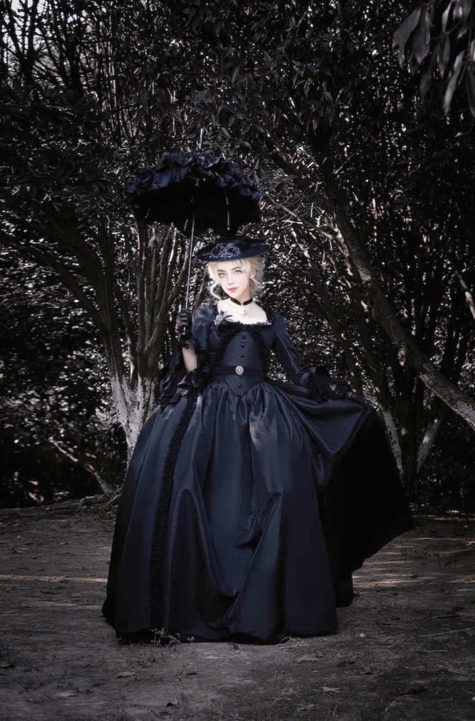 Black Gothic Victorian Ball Gown with Belted Elegance - Rococo Style Dress with Timeless Grace Plus Size - WonderlandByLilian