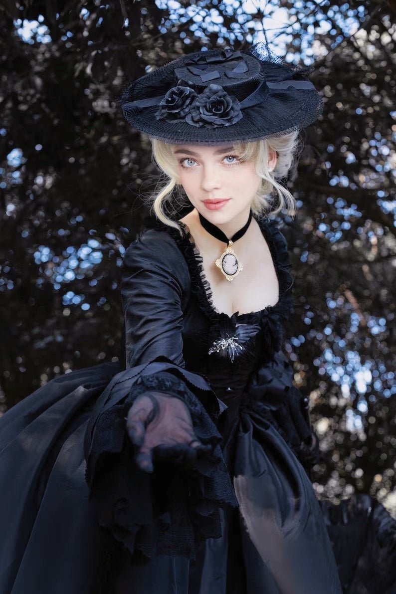 Black Gothic Victorian Ball Gown with Belted Elegance - Rococo Style Dress with Timeless Grace Plus Size - WonderlandByLilian