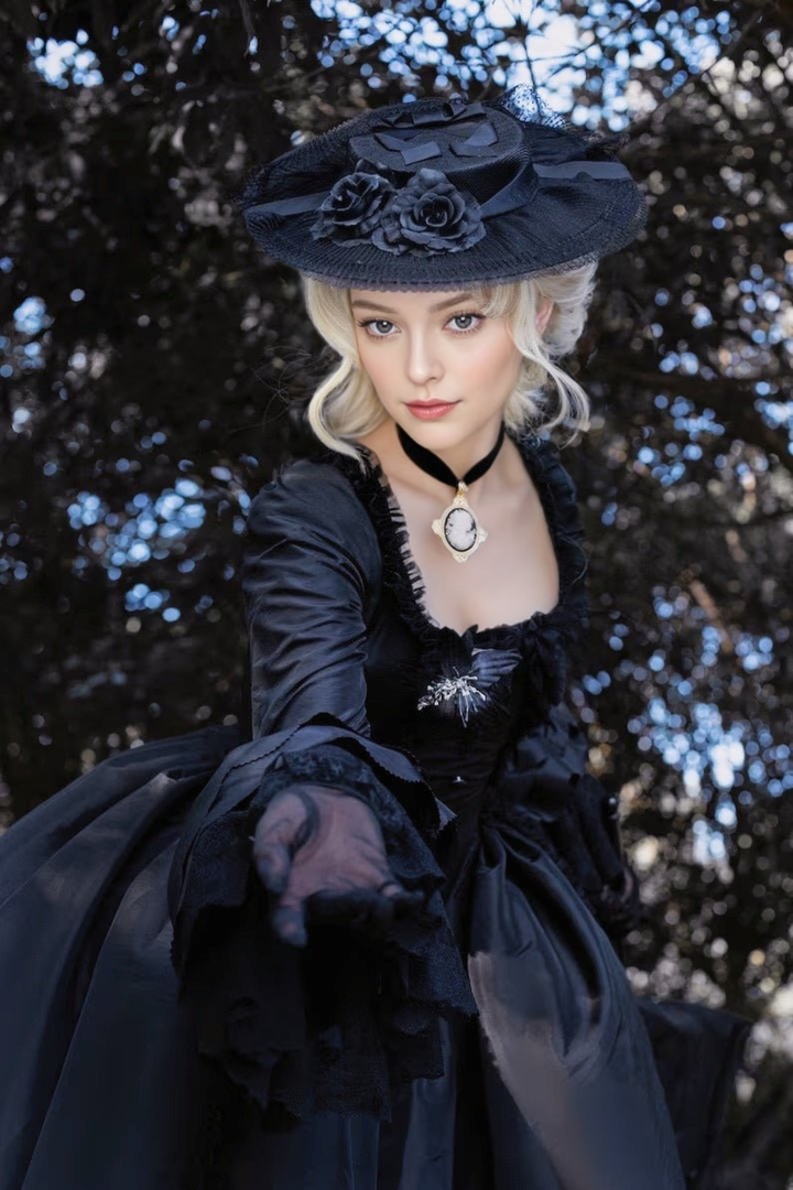 Black Gothic Victorian Ball Gown with Belted Elegance - Rococo Style Dress with Timeless Grace Plus Size