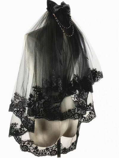 Black Gothic Wedding Veil with Floral Lace and Chain Accents - Elegant Bridal Veil - WonderlandByLilian