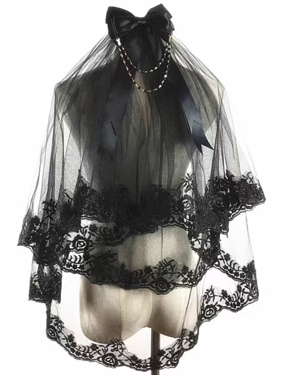 Black Gothic Wedding Veil with Floral Lace and Chain Accents - Elegant Bridal Veil - WonderlandByLilian