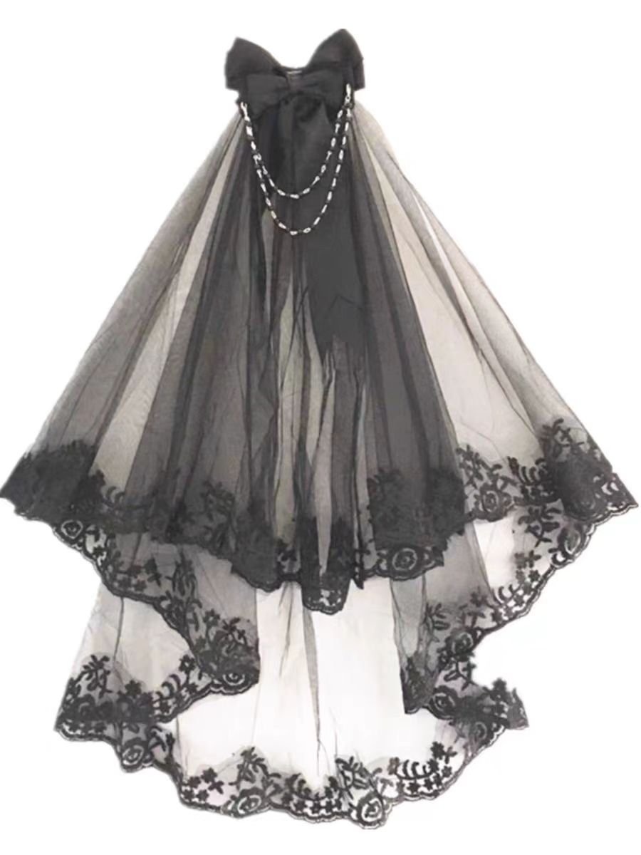 Black Gothic Wedding Veil with Floral Lace and Chain Accents - Elegant Bridal Veil - WonderlandByLilian